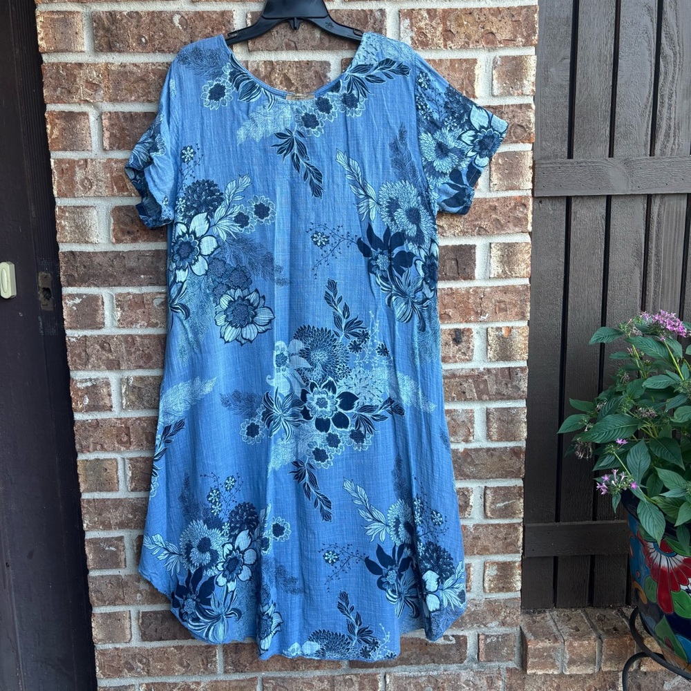 Beyond Capri Art Lagenlook blue floral Dress One Size Cotton Made In Italy